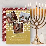 Cartes Pour Fêtes Annuelles Étoiles Géométriques De David Gold Hanoukka 3 Phot<br><div class="desc">Cette carte Hanoukka moderne dispose de 3 collages photo instantanés sur un motif arrière - plan d'étoiles géométriques motif. L'accueil est une combinaison typographie d'un script d'écriture à la mode et d'un texte sans empattement simple. L'accueil et l'arrière - plan "Happy Hanoukka" peuvent être changés en n'importe quelle couleur de...</div>