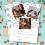 Cartes Pour Fêtes Annuelles Étoiles Géométriques En Argent De David Hanoukka 3<br><div class="desc">Cette carte Hanoukka moderne dispose de 3 collages photo instantanés sur un motif arrière - plan d'étoiles géométriques motif. L'accueil est une combinaison typographie d'un script d'écriture à la mode et d'un texte sans empattement simple. L'accueil et l'arrière - plan "Happy Hanoukka" peuvent être changés en n'importe quelle couleur de...</div>