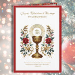 Cartes Pour Fêtes Annuelles Eucharistie catholique de Noël Roses rouges<br><div class="desc">Doté d'une belle image vintage de la Sainte Eucharistie au-dessus d'un calice doré orné de roses rouges. Tout le texte peut être modifié.</div>