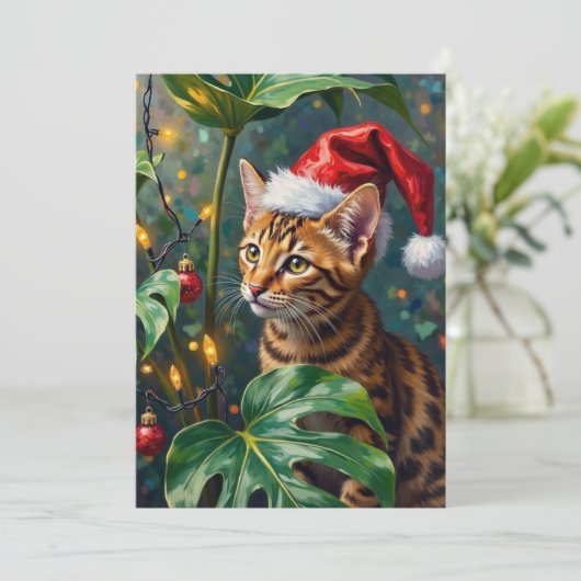 Cartes Pour Fêtes Annuelles Exotic Bengal Cat Jungle Christmas Playtime Art (Debout devant)