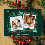 Cartes Pour Fêtes Annuelles Famille 2 Photo Collage Aquarelle de Noël<br><div class="desc">Cette carte de Noël de collage photo de famille comprend deux modèles instantanés de type photo pour vous d'insérer vos photos, avec un arrière - plan de feuillage aquarelle peint à la main comme le houx, les baies, les feuilles verts et les fleurs rouges. Sur le dos est un motif...</div>