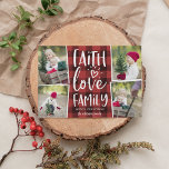 Cartes Pour Fêtes Annuelles Famille d'amour de foi | Christmas Photo Collage<br><div class="desc">Un carte photo de vacances rustique et festif présente quatre photos dans une mise en page collage,  avec "foi,  amour,  famille" en blanc typographie lettrée main sur un arrière - plan peint à la main en buffle rouge et noir. Personnalisez avec vos noms en-dessous.</div>