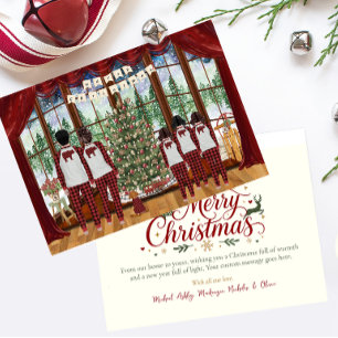 Cartes Pour Fêtes Annuelles Famille de 5 Trois filles, matin de Noël en chalet