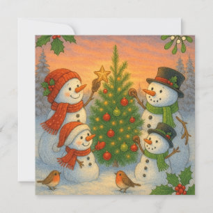 Cartes Pour Fêtes Annuelles Famille de bonhomme de neige autour d'un sapin de