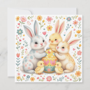 Cartes Pour Fêtes Annuelles Famille de lapin de Pâques avec amis de poussins