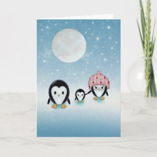 Cartes Pour Fêtes Annuelles Famille de manchots Nuit étoilée et pleine lune