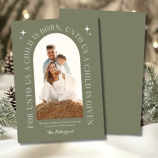 Cartes Pour Fêtes Annuelles Famille de Noël Religieux Photo Minimaliste Vert