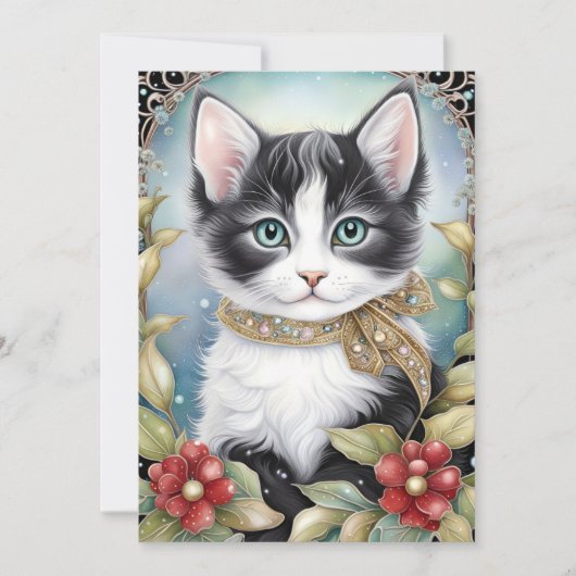 Cartes Pour Fêtes Annuelles Fancy Tuxedo Chat Winter Flora Frame (Devant)