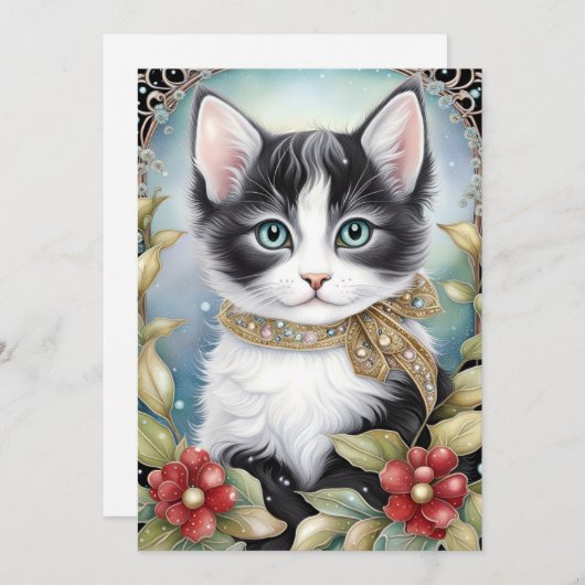 Cartes Pour Fêtes Annuelles Fancy Tuxedo Chat Winter Flora Frame (Devant / Derrière)