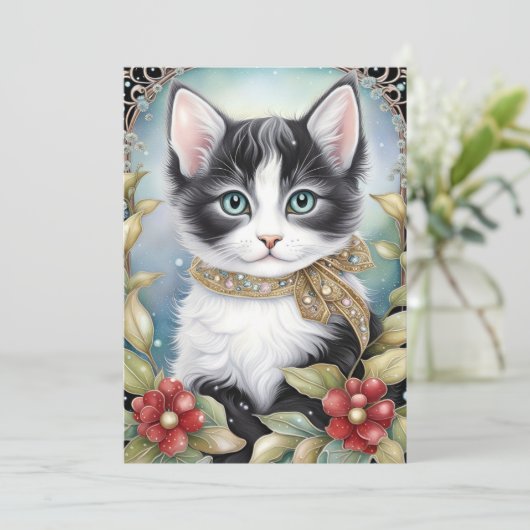 Cartes Pour Fêtes Annuelles Fancy Tuxedo Chat Winter Flora Frame (Debout devant)