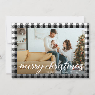 Cartes Pour Fêtes Annuelles Farmhouse noir blanc Plaid Photo Joyeux Noël