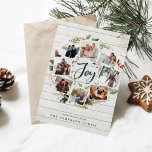 Cartes Pour Fêtes Annuelles Farmhouse Wreath | Holiday Photo Card<br><div class="desc">A festive holiday card design that features eight of your favorite photos arranged in a round wreath design accented by green watercolor foliage, pine cones and red holly berries on a white farmhouse wood shiplap background. "Joy" appears in the center in festive forest green hand lettered brush script typography. Personalize...</div>