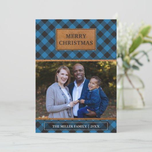 Cartes Pour Fêtes Annuelles Faux Brown Cuir Bleu Buffle Plaid Noël (Debout devant)