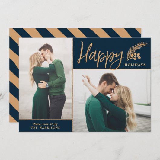 Cartes Pour Fêtes Annuelles Faux Gold Foil Elégant Happy Photo | Marine (Devant / Derrière)