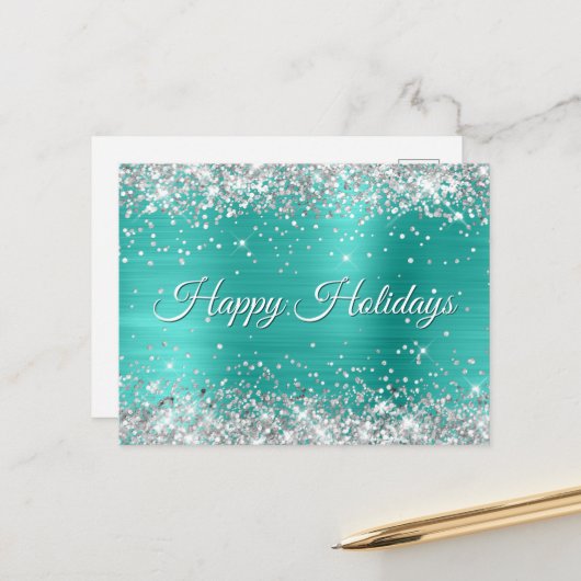 Cartes Pour Fêtes Annuelles Faux Shiny Silver Parties scintillant Turquoise Fo (Devant/Arrière en situation)
