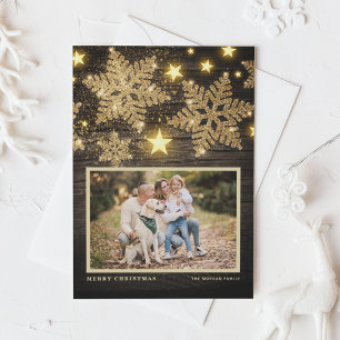 Cartes Pour Fêtes Annuelles Faux Wood Gold Parties scintillant Snowflakes Phot