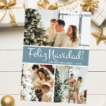 Cartes Pour Fêtes Annuelles Feliz Navidad Photo Collage<br><div class="desc">Cette fabuleuse 3 photo de carte de vacances avec "Feliz Navidad!" dans une police de caractères de script moderne et votre nom de famille et année dans une police de caractères casquettes traditionnelle et nette, toutes deux en blanc sur bleu poussiéreux avec un dos assorti, est parfaite pour envoyer à...</div>