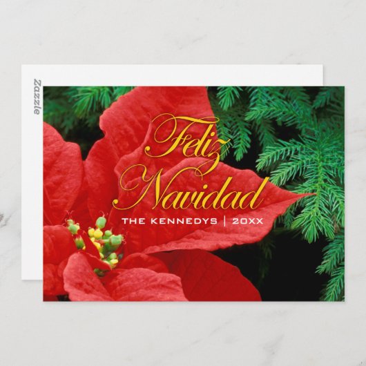 Cartes Pour Fêtes Annuelles Feliz Navidad - Red Poinsettia et Fir Bow (Devant / Derrière)