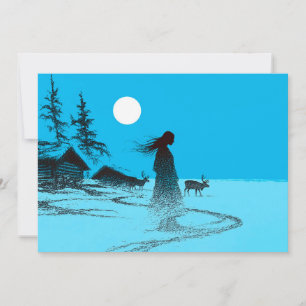 Cartes Pour Fêtes Annuelles Femme avec rennes dans la neige sous une pleine lu