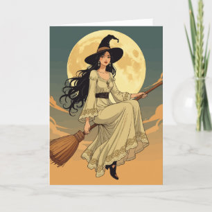 Cartes Pour Fêtes Annuelles Femme Bohème Sorcière à Cheval sur un Balai Vector