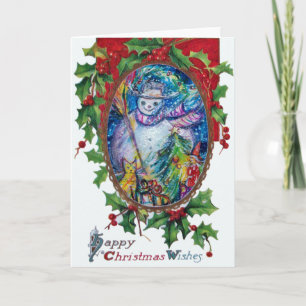 Cartes Pour Fêtes Annuelles FEMME DE NEIGE AVEC JOUETS, Couronne de Noël Holly