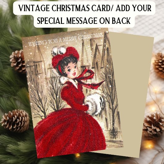 Cartes Pour Fêtes Annuelles Femme de Noël rétro en rouge