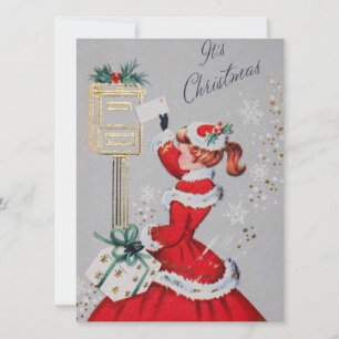 Cartes Pour Fêtes Annuelles Femme de Noël rétro vintage en robe rouge