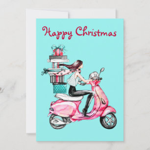 Cartes Pour Fêtes Annuelles Femme de Noël vintage sur un scooter rose