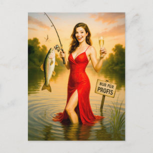 Cartes Pour Fêtes Annuelles Femme élégante en robe rouge tenant un gros poisso