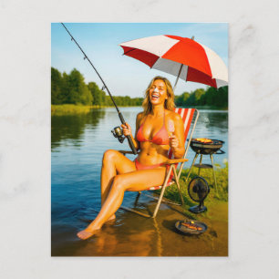 Cartes Pour Fêtes Annuelles Femme pêchant sous un parasol tout en mangeant une
