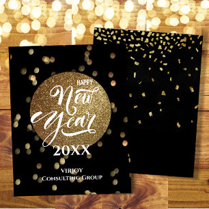 Cartes Pour Fêtes Annuelles Festif Bokeh Gold Confetti Élégant Black Business