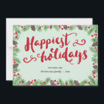 Cartes Pour Fêtes Annuelles Festif | Calligraphie Vacances non photo<br><div class="desc">Cette carte de vacances festive présente une jolie calligraphie de script de brosse qui dit "Joyeuses fêtes". Le lettrage à la main rouge est encadré de branches de pin vert, de cônes de pin brun et de baies rouges. Cette carte de vacances sans photo a un dossier vierge, où des...</div>