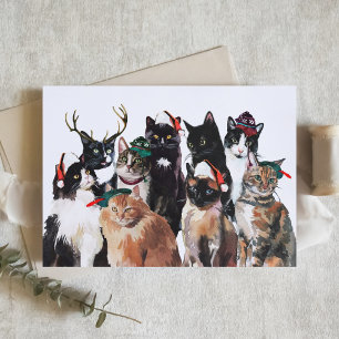Cartes Pour Fêtes Annuelles Festif Chats en aquarelle avec chapeaux de Père No