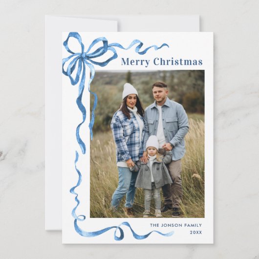 Cartes Pour Fêtes Annuelles Festif Dusty Blue Christmas Bow Ribbon 2 Photo (Devant)