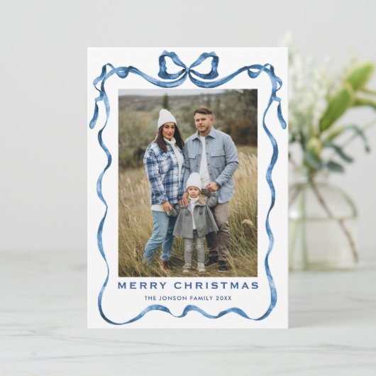 Cartes Pour Fêtes Annuelles Festif Dusty Blue Christmas Bow Ribbon 2 Photo (Debout devant)