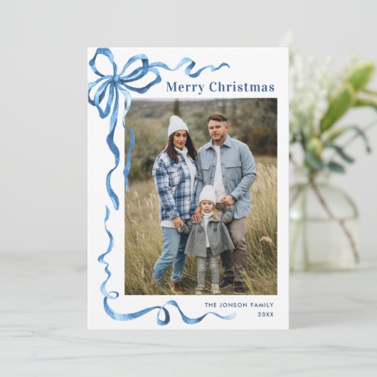 Cartes Pour Fêtes Annuelles Festif Dusty Blue Christmas Bow Ribbon 3 Photo (Debout devant)