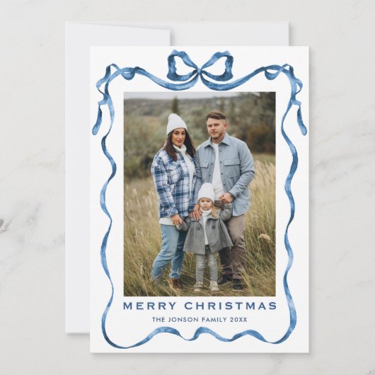 Cartes Pour Fêtes Annuelles Festif Dusty Blue Christmas Bow Ribbon 3 Photo (Devant)
