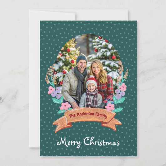 Cartes Pour Fêtes Annuelles Festif Floral Wreath Green Photo Noël (Devant)