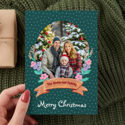 Cartes Pour Fêtes Annuelles Festif Floral Wreath Green Photo Noël