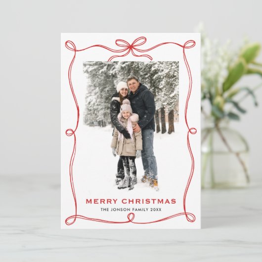 Cartes Pour Fêtes Annuelles Festif Noël Boho Red Bow Ribbon 2 Photo (Debout devant)