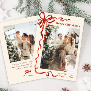 Cartes Pour Fêtes Annuelles Festif Noël Boho Red Bow Ribbon 2 Photo