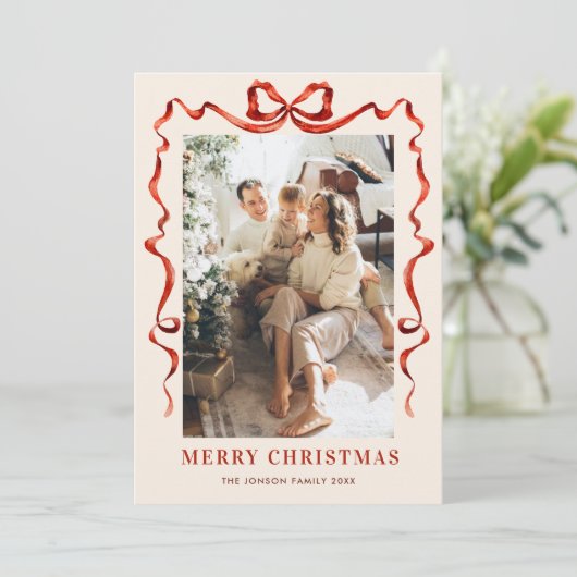 Cartes Pour Fêtes Annuelles Festif Noël Boho Red Bow Ribbon 5 Photo (Debout devant)