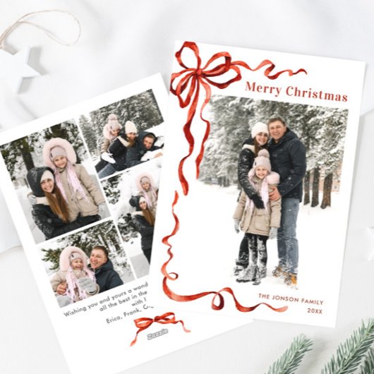 Cartes Pour Fêtes Annuelles Festif Noël Boho Red Bow Ribbon 5 Photo