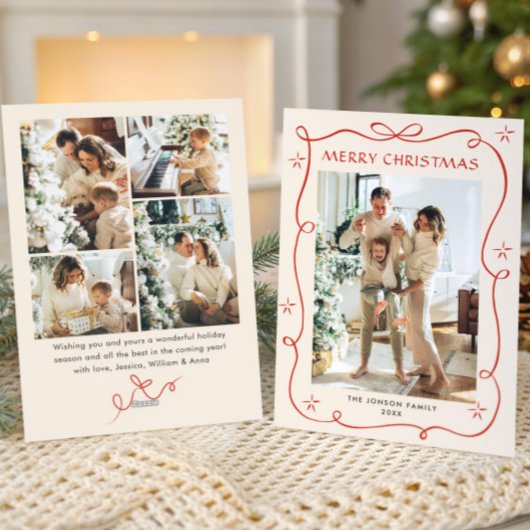 Cartes Pour Fêtes Annuelles Festif Noël Boho Red Bow Ribbon 5 Photo