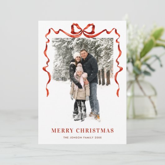 Cartes Pour Fêtes Annuelles Festif Noël Boho Red Bow Ribbon 5 Photo (Debout devant)