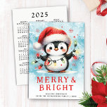 Cartes Pour Fêtes Annuelles Festif Noël Joyeux & Pingouin mignon<br><div class="desc">Cette carte de Noël personnalisée présente un pingouin joyeux dans un chapeau de Père Noël rouge, avec des lumières de Noël. Ce design est avec un arrière - plan d'aquarelle bleu neigeux. Un "Joyeux & Lumineux" qui dit couleur rouge vif et texte modèle pour les salutations, le nom de famille...</div>