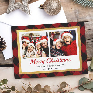 Cartes Pour Fêtes Annuelles Festif Red Buffalo Plaid Gold Frame Photo