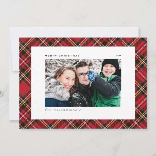 Cartes Pour Fêtes Annuelles Festif Rouge Plaid Motif Joyeux Noël Photo (Devant)
