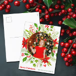 Cartes Pour Fêtes Annuelles Festif Rouge Poinsettia Noël Enfants Photo<br><div class="desc">Une belle poinsettia rouge florale avec feuille sainte et cercle doré encercle votre jolie photo de famille au-dessus de Joyeux Noël. Des enfants lumineux et gais photographient des cartes postales de vacances avec de jolies fleurs et des feuilles autour de votre photo carré. Carte postale festive et amusante.</div>