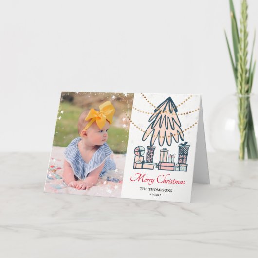 Cartes Pour Fêtes Annuelles Festif Rouge Snowflakes Bokeh Pine Tree Amusement (Devant)